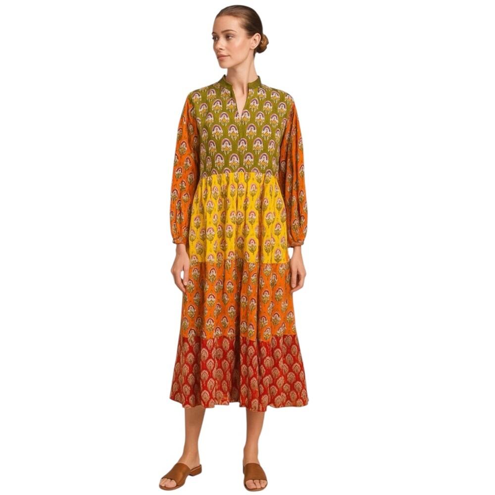 Bohemian block print tiered maxi dress 100% cotton sz L